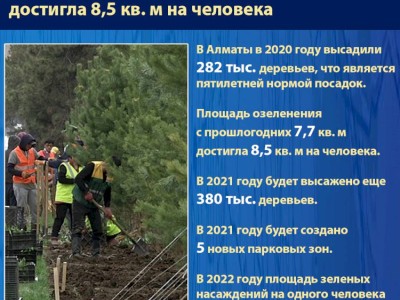 
                    В Алматы в 2020 г. площадь озеленения  достигла 8,5 кв. м на человека
                