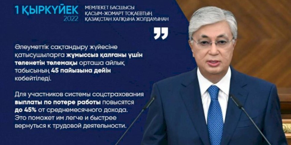 
                    Для участников системы соцстрахования выплаты по потере работы повысятся до 45% от среднемесячного дохода – Касым-Жомарт Токаев
                