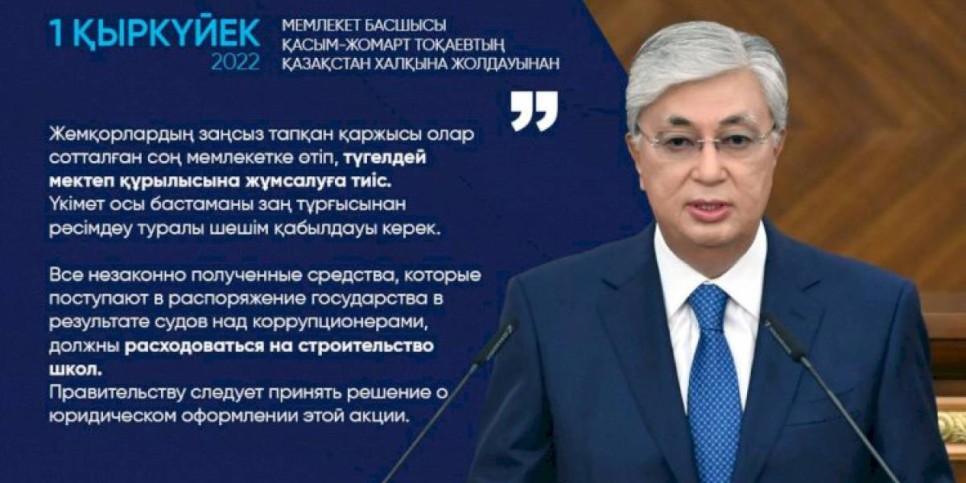 
                    Средства, изъятые у коррупционеров, должны расходоваться на строительство школ – Касым-Жомарт Токаев
                